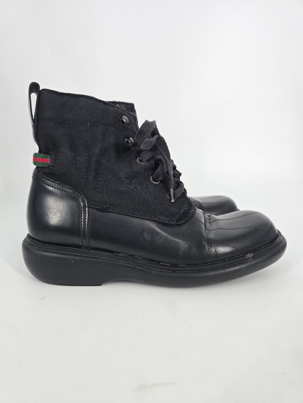 Gucci Leather Canvas Square Toe Lace Up Black Ankle Boots Size 6.5
